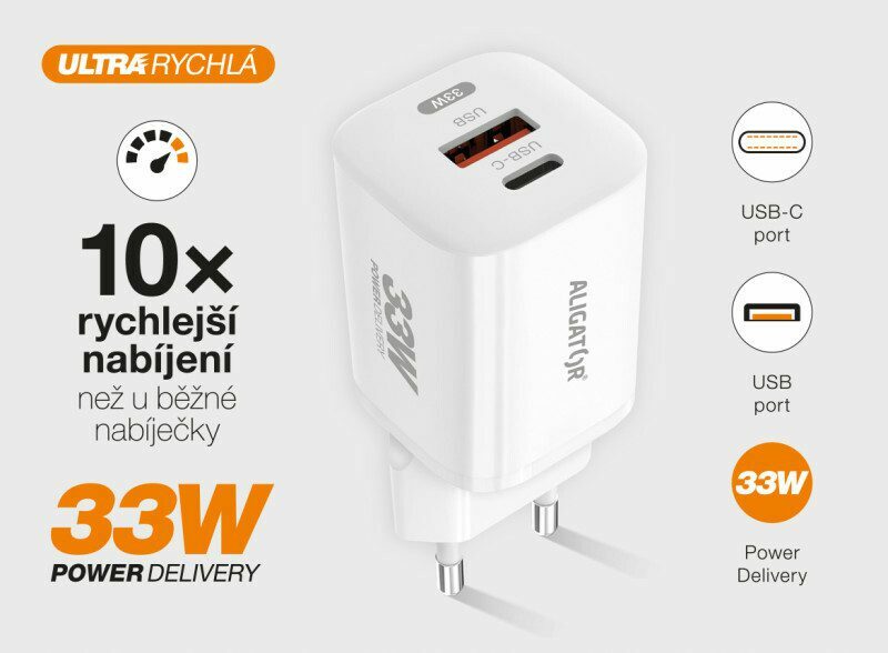 Chytrá Gan Síťová Nabíječka 33w S Usb C A Usb A Výstupem Aligator Power Delivery Bílá Pt Mobil 1716