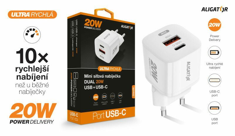 Chytrá Mini Síťová Nabíječka 20w S Usb C A Usb A Výstupem Aligator Power Delivery Bílá Pt Mobil 2902