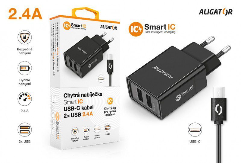 Chytrá Síťová Nabíječka Aligator Cha0033 Neoriginální 24a 2xusb Smart Ic černá Usb C 7721